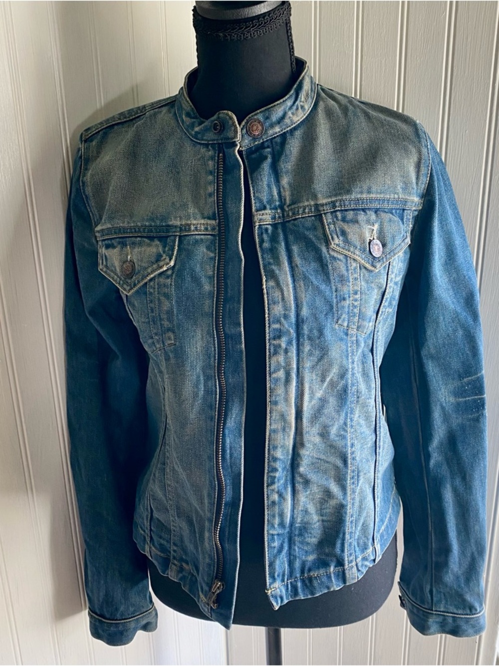 Earl Jeans Distressed Blue Denim Jacket with Mandarin Collar